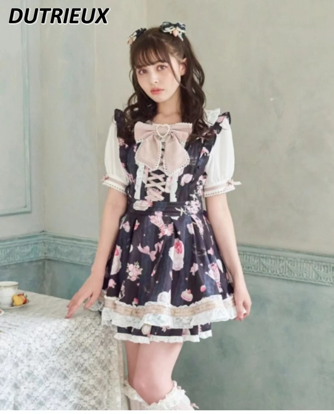 Japanese Lolita Dress Women 2024 New Summer Cute Sweet Girl Strawberry Printed Short Sleeve Midi Dress + Shorts Sets Outfits