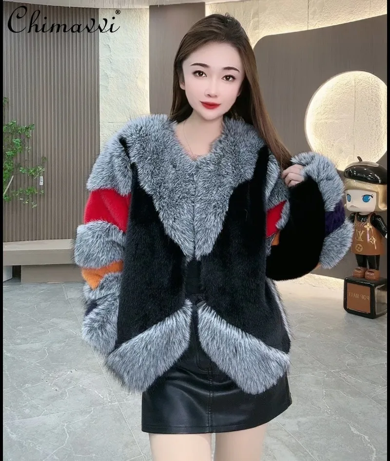 

2024 Winter New Mink Contrasting Color Imitation Mink Fur Crew Neck Thin Fashion Foreign Coat For Women