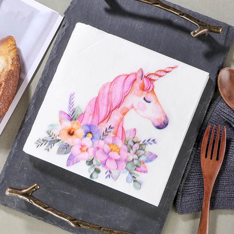 20Pcs Disposable Pink Unicorn Flower Printed Table Dinner Tissue Napkins Paper Wedding Party Decoration Supplies