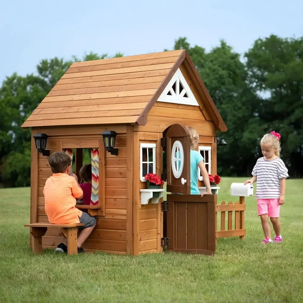 All Cedar Wooden Playhouse, Dutch Front Door, Flower Pot Holders, Stove, Sink, Plastic Food, Doorbell, Mailbox, Outdoor Light