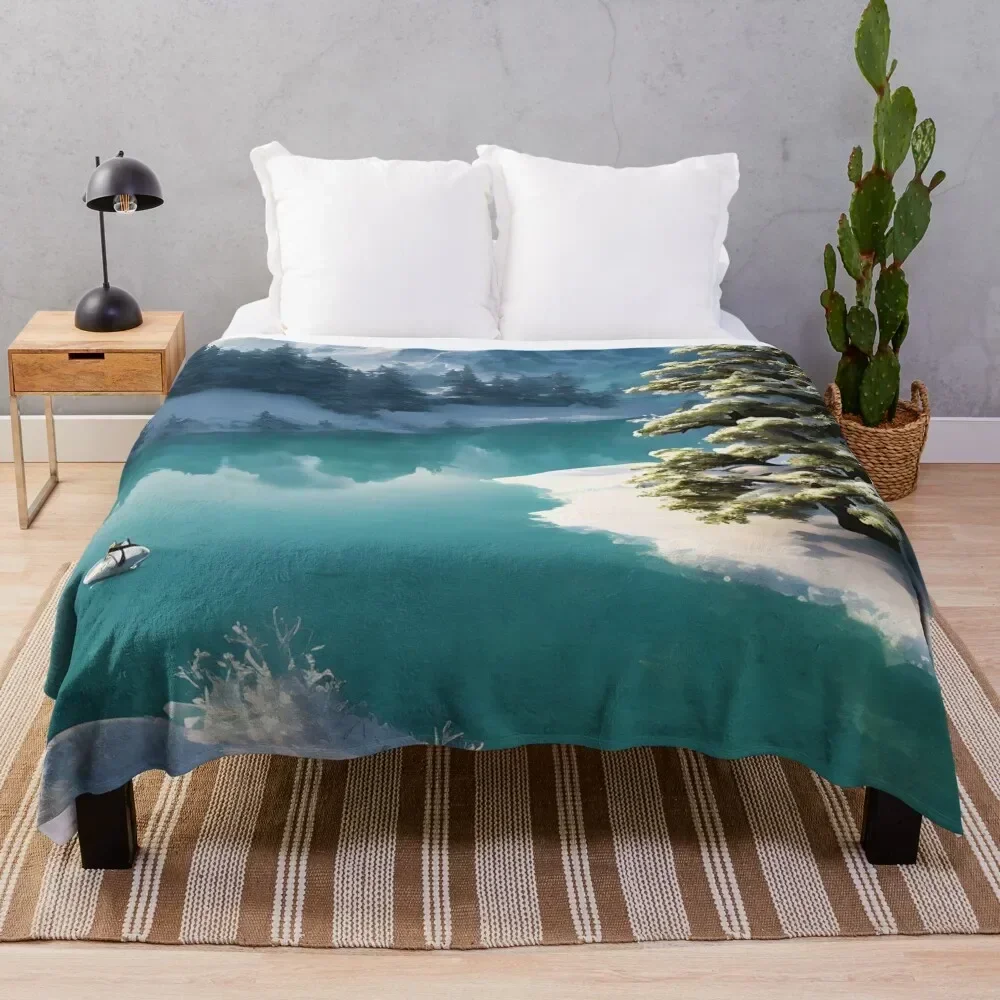 

Snowy Tree Lightblue Lake Winter Landscape Throw Blanket Plush Fuzzy Cozy Blanket for Couch Sofa