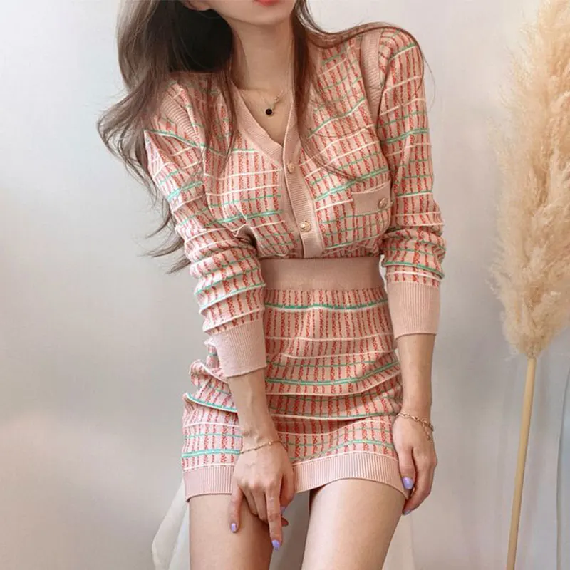 Korobov Autumn Winter V-neck Plaid Cardigan High Waist Hip Wrap Dress Knitting Two Piece Set Female Conjuntos Feminino Elegante