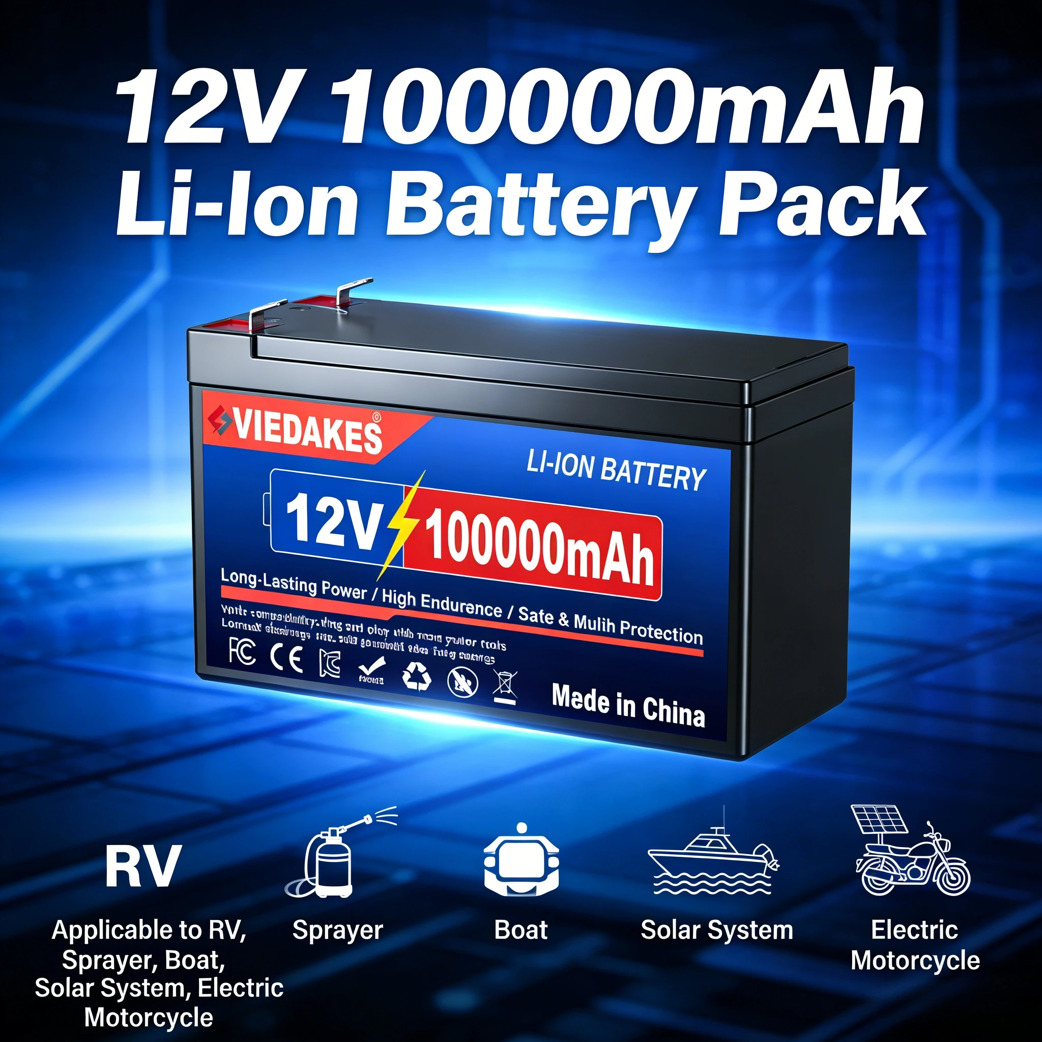 

12V 200Ah LiFePO4 lithium Battery, Deep 4000+Cycle Built-in BMS for camping power supply, boat, spray, e-wheel, fish finder☽