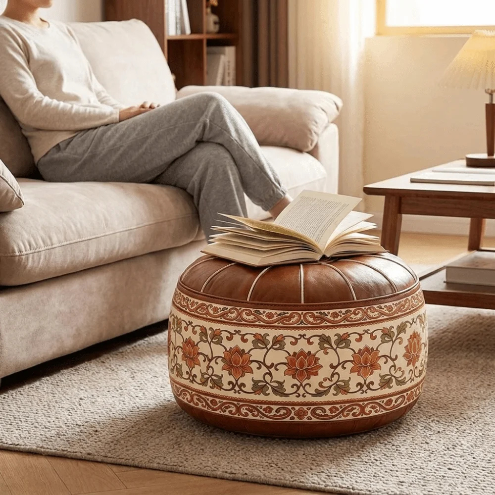 PU Leather Lotus Print Seat Cushion Cover Unstuffed Large Capacity Round Footstool Cover Space Saving Vintage Pouf Cover Balcony