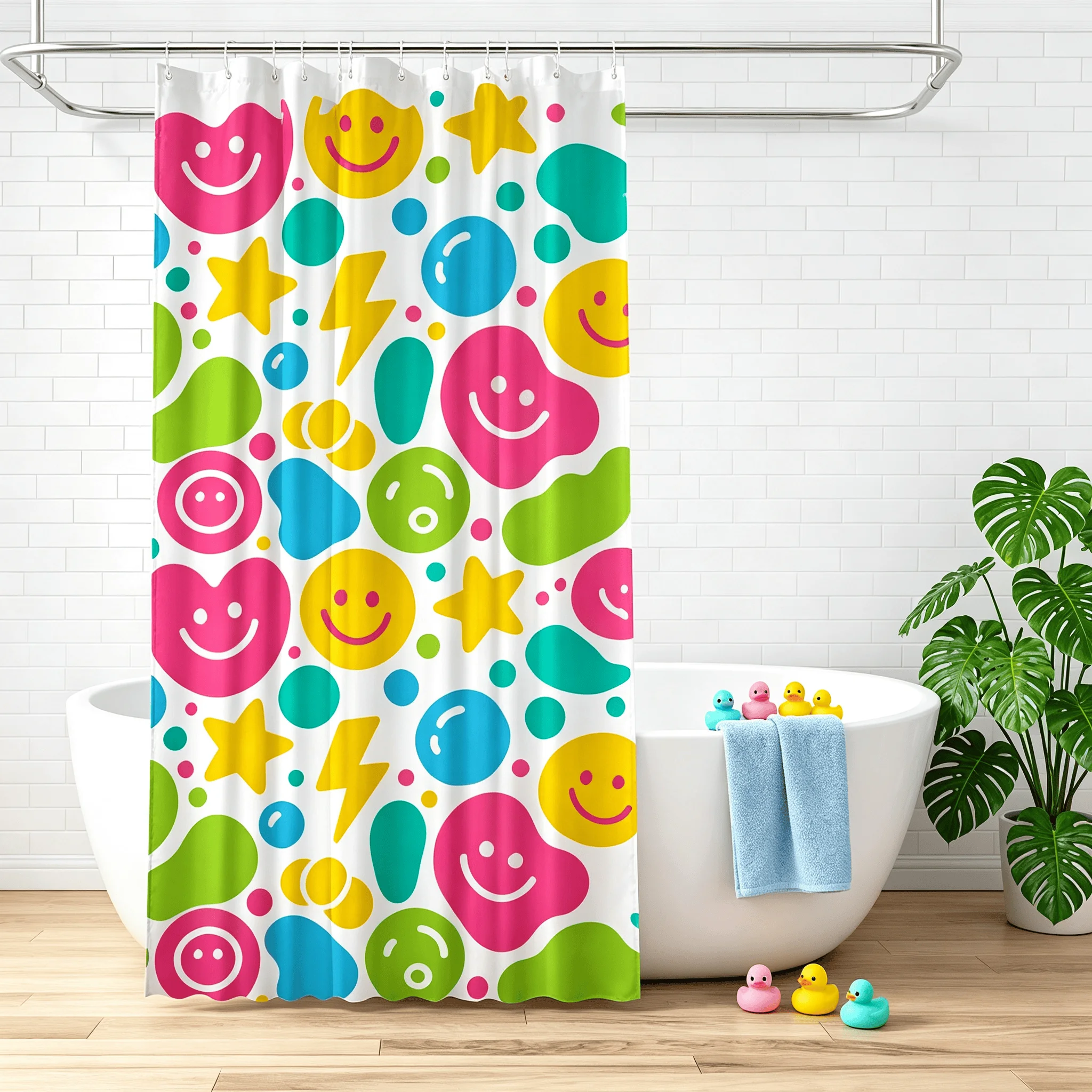 Y2K Colorful Smiley Face Shower Curtain Retro Preppy Cute Star Lightning Waterproof Fabric Kids Bathroom Decor