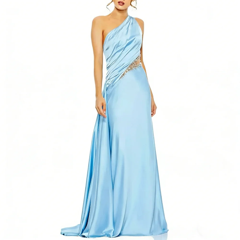 

Customized Sky Blue Modern Style Pleat Ruched Sequined Rhinestone A-line One-shoulder Long Dresses Evening Dresses High Quality