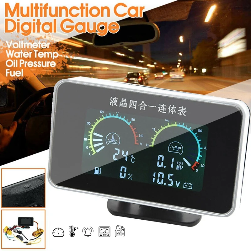 4In 1 LCD Multifunction Car Digital Water Temp Oil Pressure Fuel Gauge Voltmeter