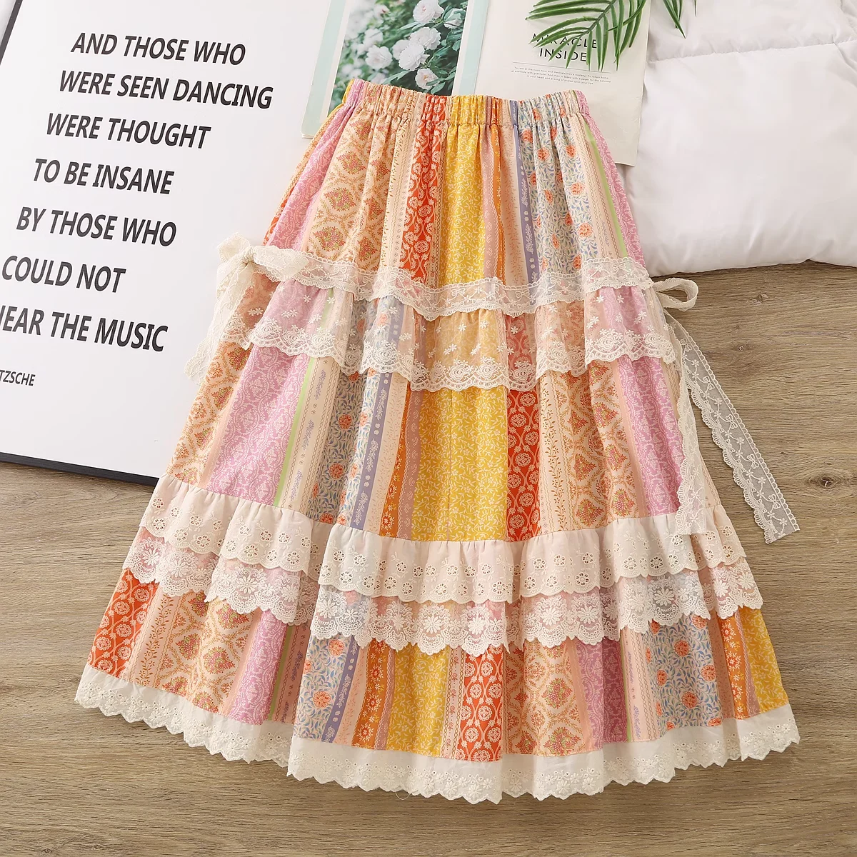 2025 boêmio rendas retalhos impressão saias para mulheres primavera japão boho doce algodão impresso midi saias boho roupas