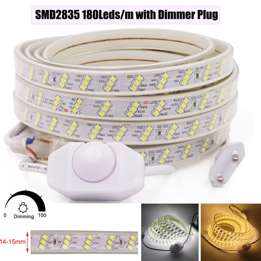 220V LED Strip Light SMD2835 Flexible LED Tape 120 180 276Leds/m Double Row Three Row Waterproof Ribbon Rope EU Plug for Decor