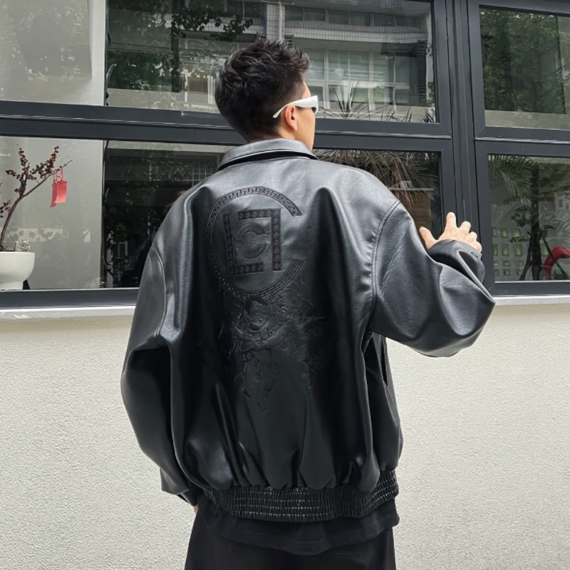 

Thiened Cotton Embroidered Bla Soul Motorcycle Jaet Men's Winter Casual Sle Long Sve Double Button Closure Coat