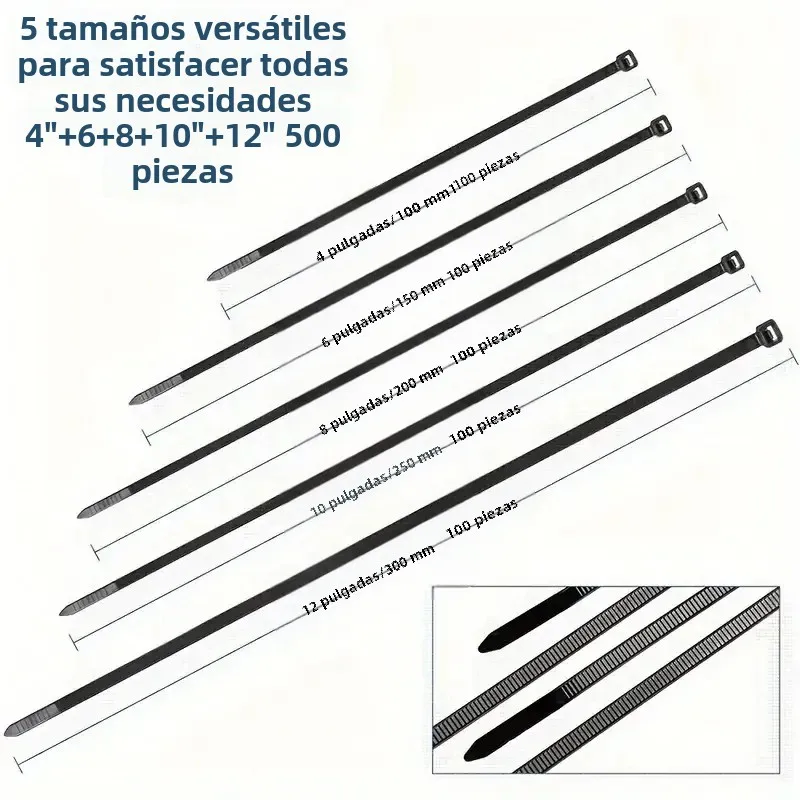 

500pcs Black Heavy-duty Nylon Cable Ties - Versatile Sizes for All Your Needs: 4", 6", 8", 10", 12" - High Tensile Strength