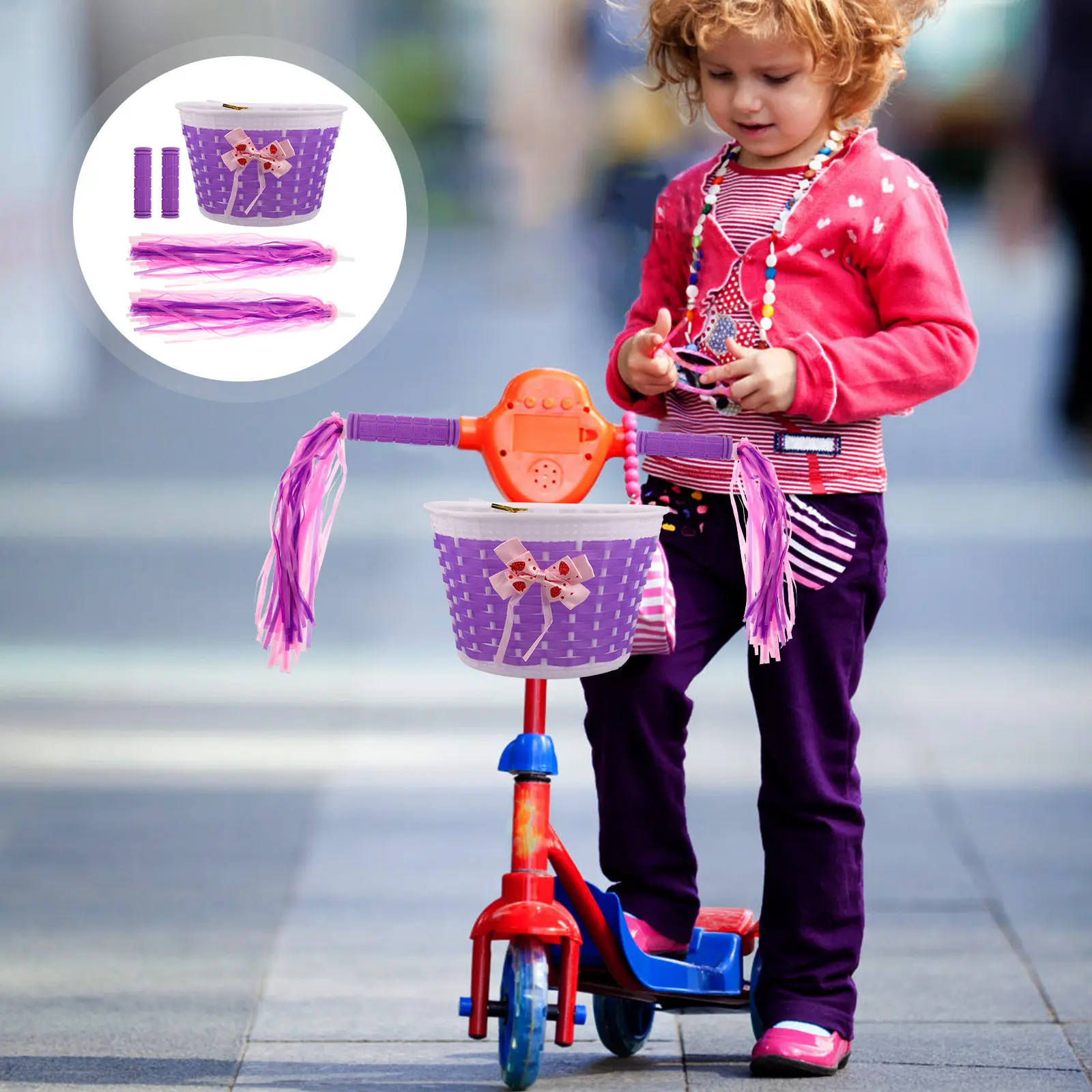 

Bike Handlebar Streamers Set with Woven Basket Non-Slip Bicycle Handle Grips Baskets Scooter Handlebar Decorations