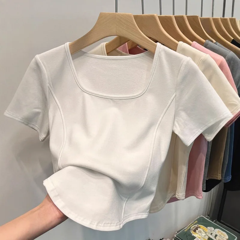 White Square Neck Short Sleeve T Shirt for Women Summer Cropped Fishbone Top Curved Hem Large Neckline Slim Fit