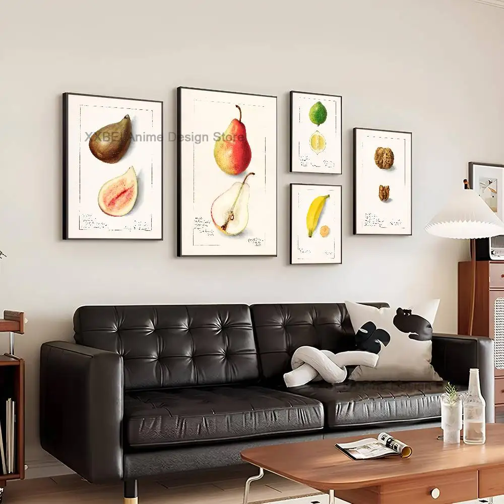 Vintage Botanical Fruit Paper Poster Hand Drawn Apple Cherry Pear Avocado Print Kitchen Dining Room Home Wall Decor Art