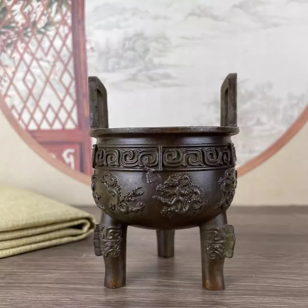 Copper Chinese Brass Carved Nine Dragons Censer Small Incense Burner