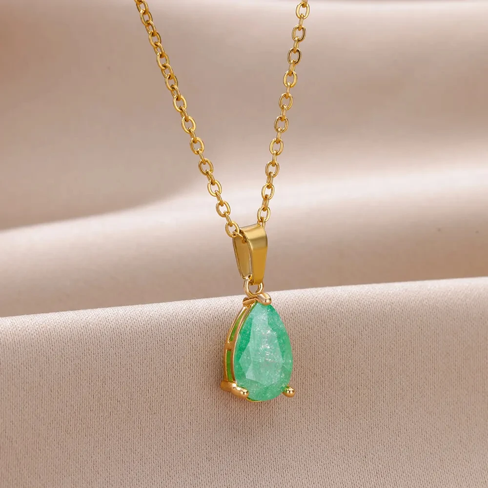 Zircon Teardrop WaterDrop Necklaces For Women Gold Color Stainless Steel Necklace Luxury Jewelry Wedding Christmas Gift Femme