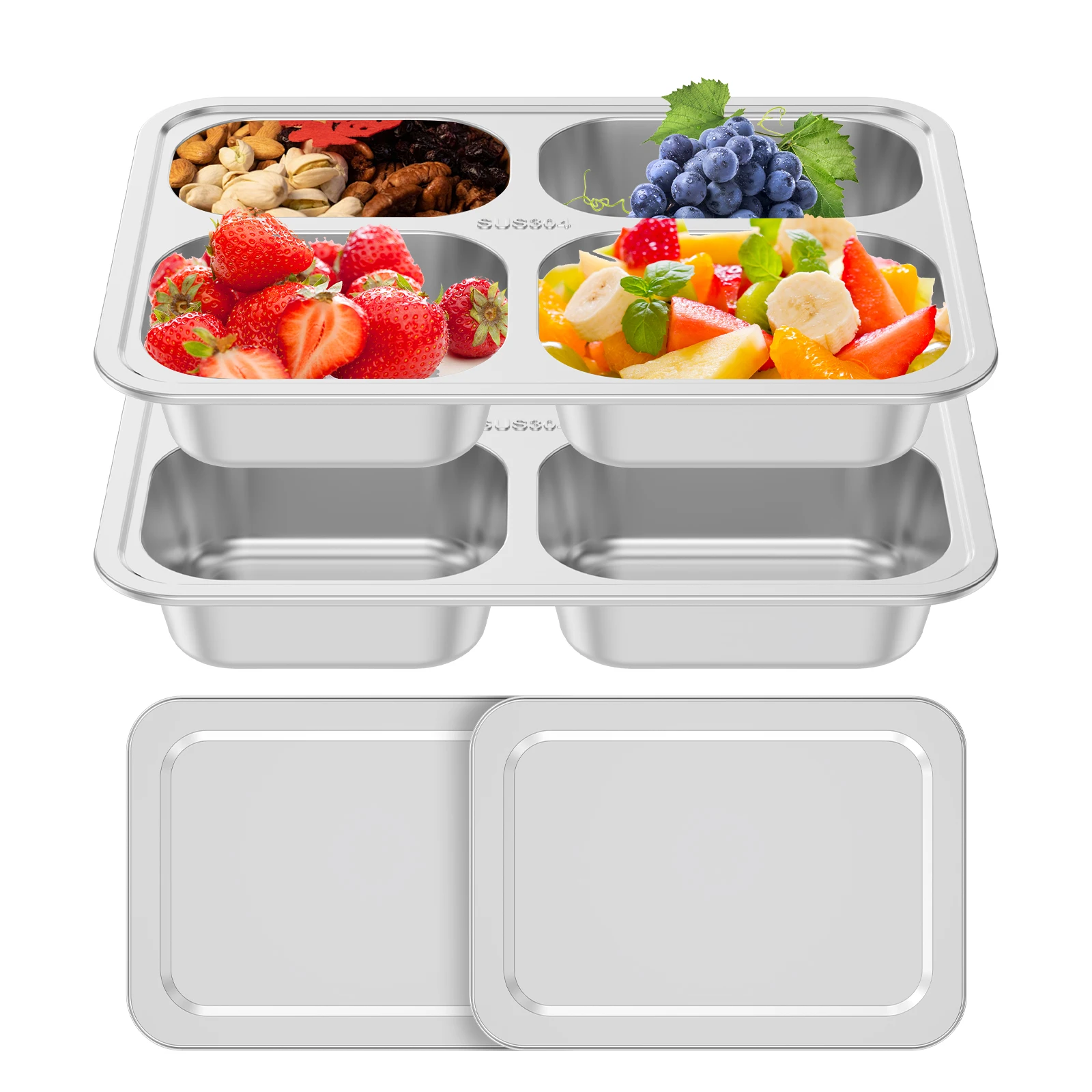 

2Pcs Leak-Proof Stainless Steel Lunch Box with 4 Compartments Bento Container For Students Workers Reusable Divided Meal Box