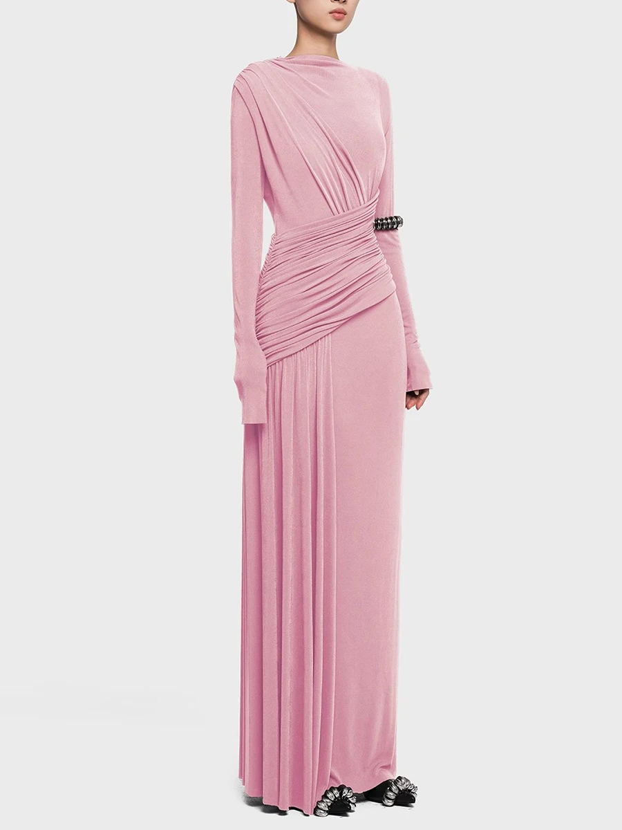 TWOTWINSTYLE 솔리드 슬리밍 드레스 Fr 여성 오 넥 긴 소매 높은 허리 기질 롱 드레스 여성 패션 스타일 의류