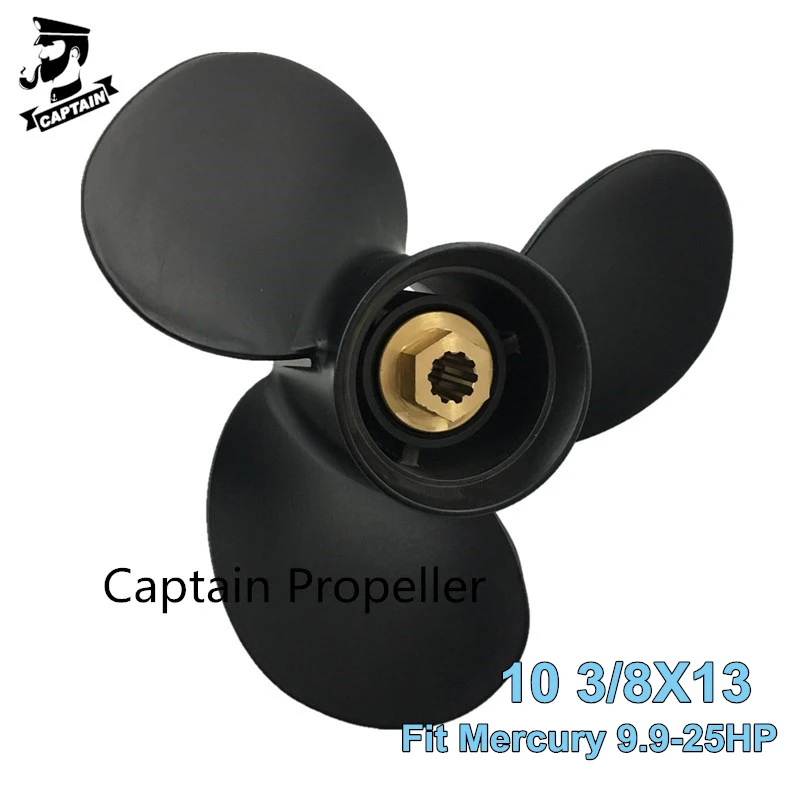 Captain Outboard Propeller Black Max 10 3/8x13 Fit Mercury Mariner Engine 10 Spline 9.9HP 15HP 18HP 20HP 25HP 3 Blade Aluminum