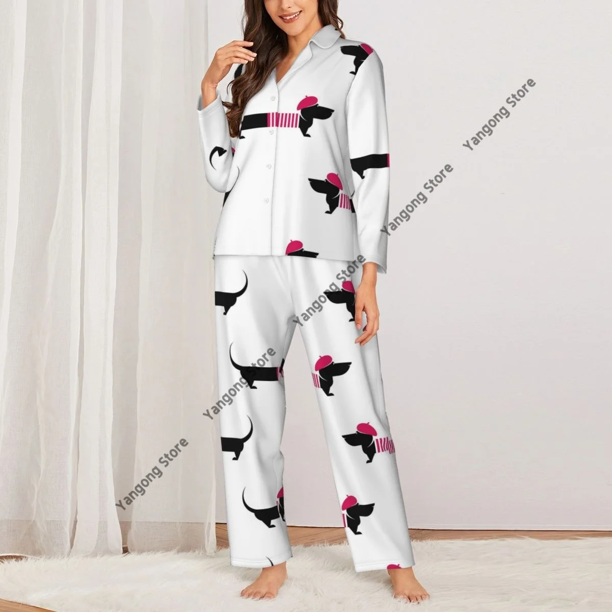 Women's Pajamas Long-sleeved Girl Loungewear Two-piece Set Dachshund Artist Dog With Beret And Sweater Pajamas for Autumn Spring