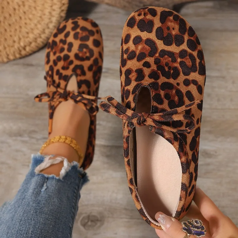 Bow Leopard Women Suede Flats Loafers Shoes Autumn New Fashion Casual Shoes Women 2024 Trend Walking Shoes Cozy