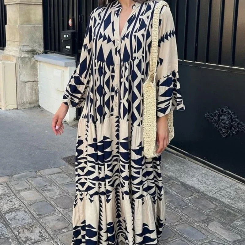 NUOVO 2026 Elegante Estate Maxi Vestito Delle Donne Casual Boho Streetwear Vintage Geometrica V Abiti Da Spiaggia NeckLong Allentato Abiti Femminili