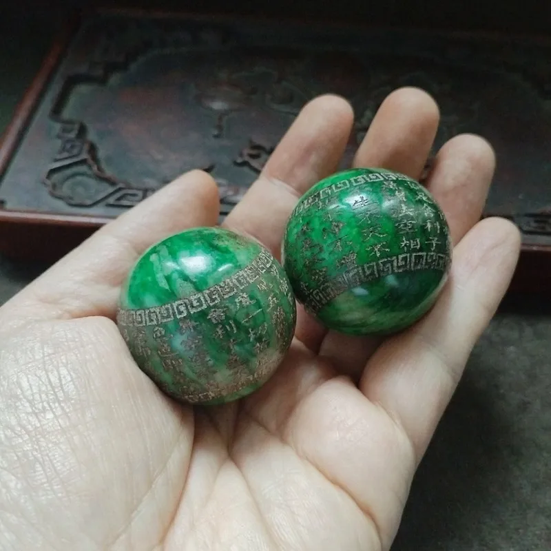 Antique Old Patinaed Green Ba Shan Cui Heart Sutra Round Beads, A Pair Of Hand Massage Balls 3