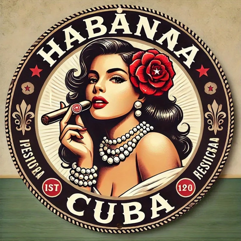 لوحة فنية جدارية معدنية مستديرة عتيقة "Havana Cigar Beauty" مسطحة ثنائية الأبعاد - لافتة قصدير ألومنيوم مقاس 8 × 8 بوصة، مناسبة للمنزل والمرآب والمقهى #5