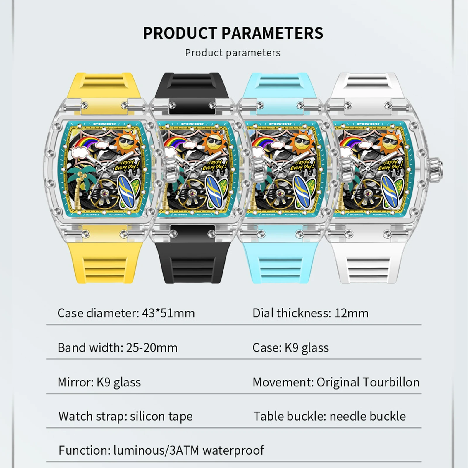 PINDU Design New Bucket Shaped Mechanical Men Watch K9 Glass Summer Beach Style Night Light Silicone Waterproof Automatic Watch view 6