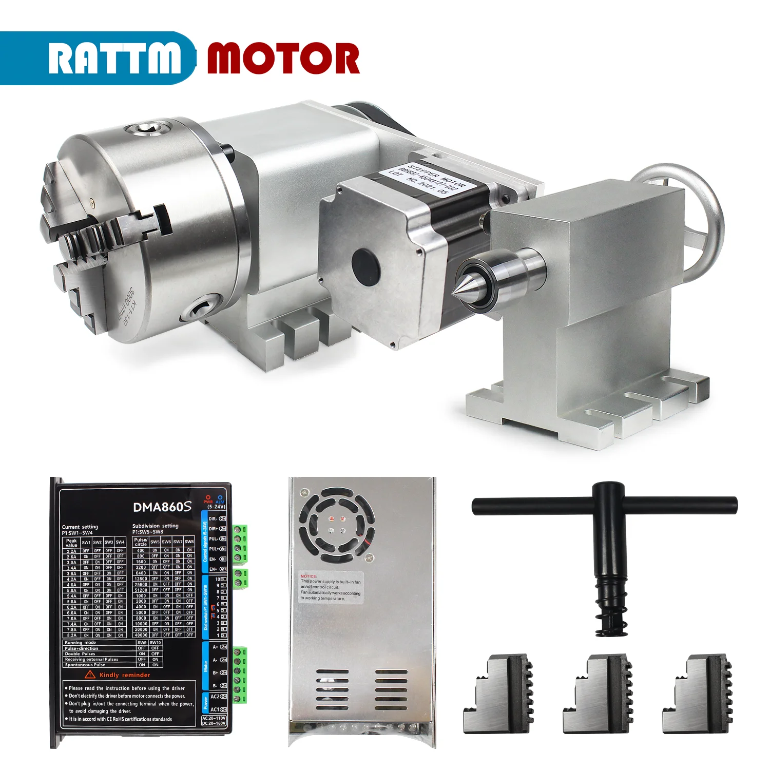 Fourth Axis Rotation Axis 4:1 3/4 Jaw K11/K12-130mm Chuck&Nema34 Stepper Motor&MT2 Tail Stock&Motor Driver CNC Router Machine