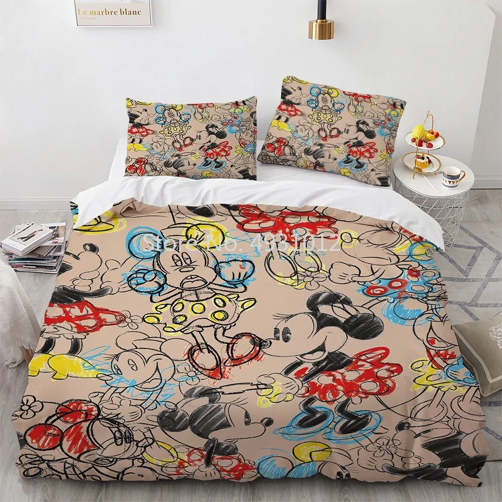 Disney Plaid Mickey Minnie Mouse Bedding Set Comforter Duvet Cover Pillowcases Bedlinen for Kids Twin Single Double Bed