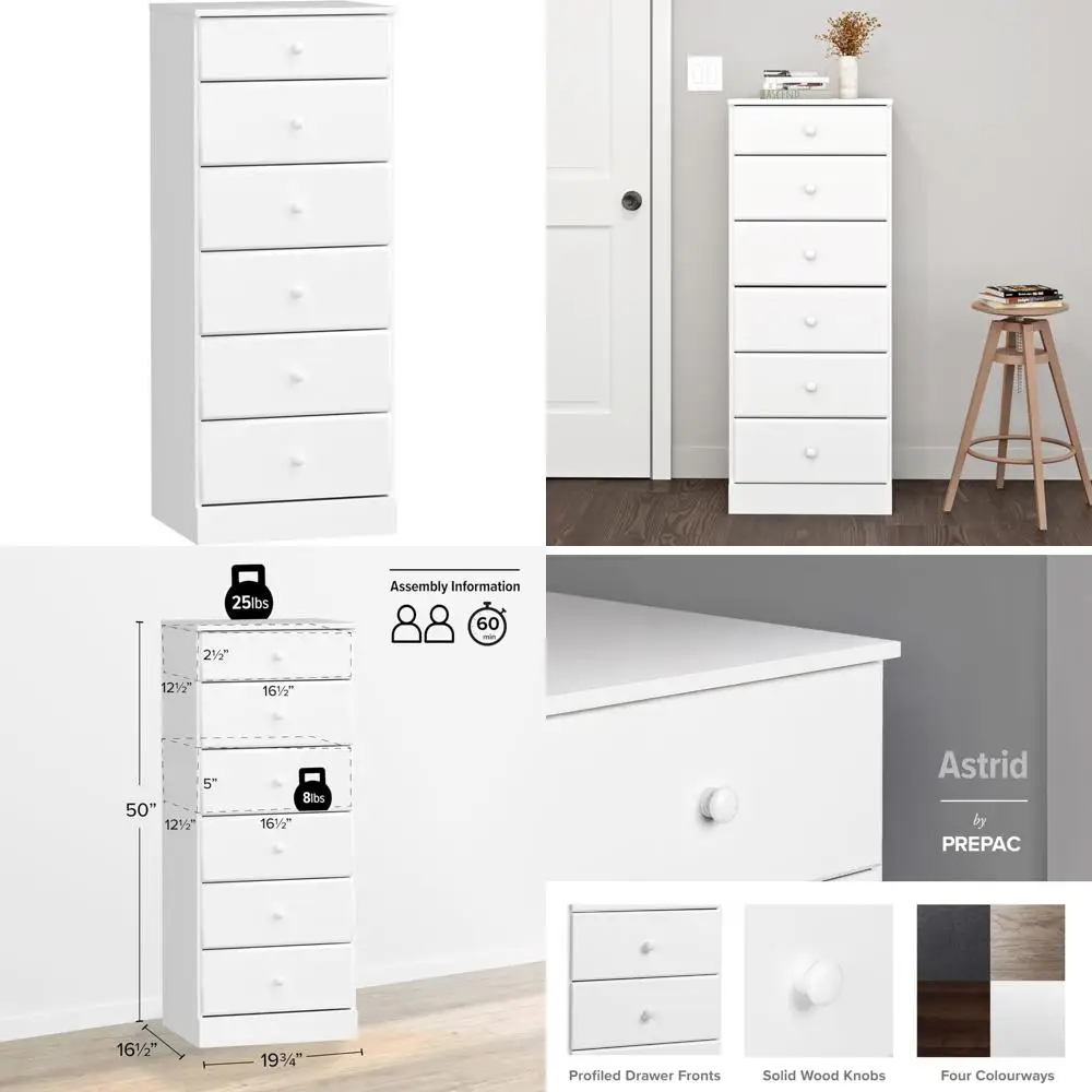 Prepac Astrid Tall White 6-Drawer Bedroom Chest - Ideal Storage Solution for Amplified Space