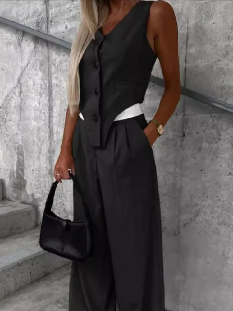 

Summer Women's Vest Vest Comfortable Casual Trousers Set Fashion Sleeveless V-neck Top Wide-leg Trousers Commuting Two-piece Set