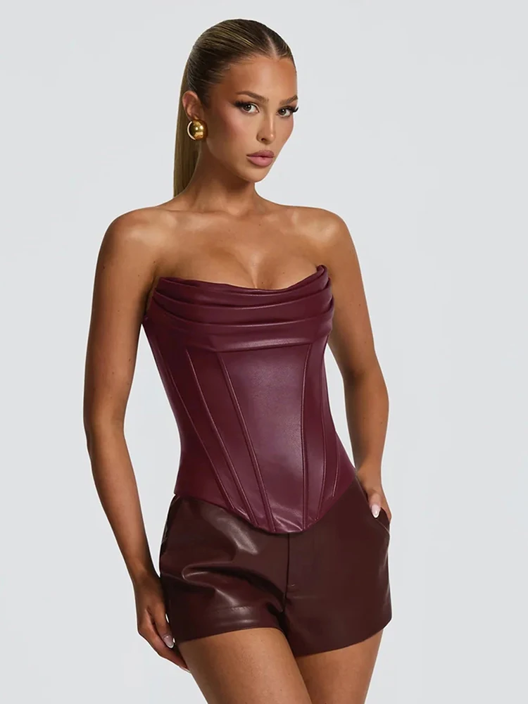 

Kliou Faux Leather Tank Tops Woman Sexy Wrap Chest Backless Skinny Stretch Hot Girls High Street Fashion Style Classic Tube Tops