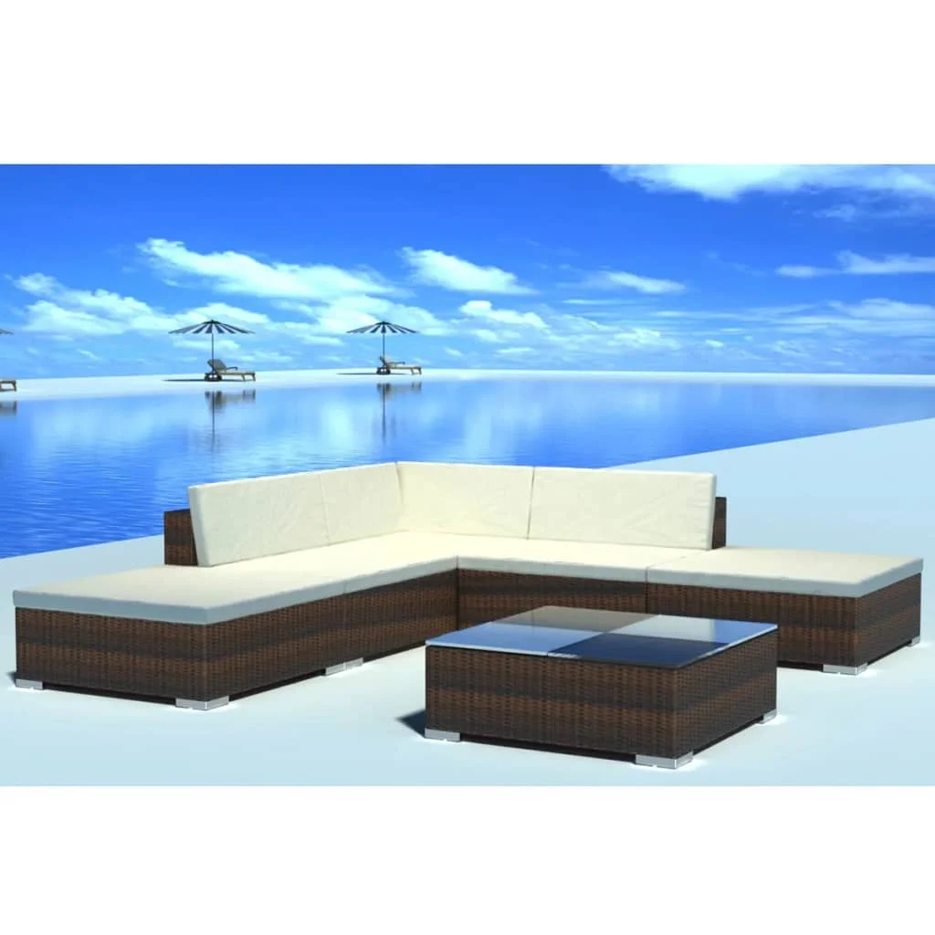 

6 Piece Patio Lounge Set with Cushions Poly Rattan Brown F Outdoor Table and Chair Sets Outdoor Furniture Sets