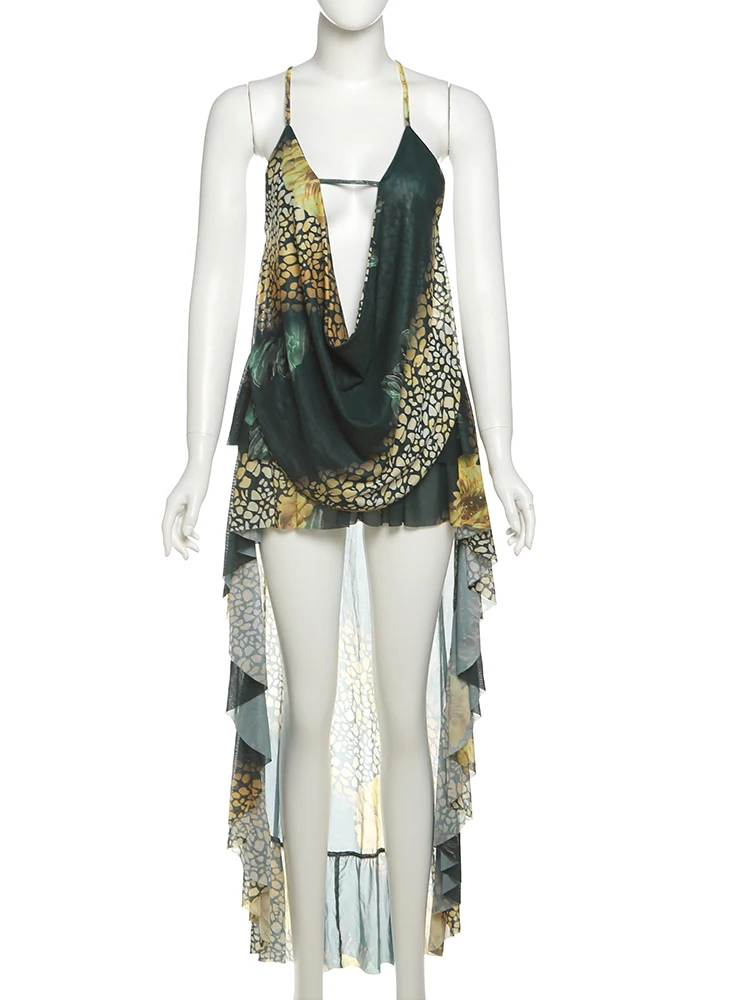 แปลก Puss ดูผ่าน 2 ชิ้นชุดผู้หญิงเซ็กซี่ Hipster เสือดาวพิมพ์ Swing COLLAR เซ็กซี่ Camisole + ไม่สม่ําเสมอ Hem กระโปรงการจับคู่ชุด