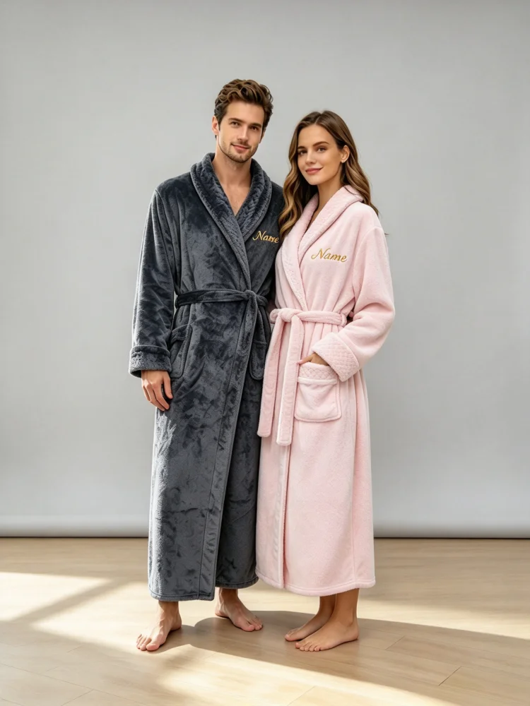 Custom Embroidered Name Unisex Robe Couple Plush Bathrobe Flannel Long Sleeves Sleepwear Personalized Gift Festival Party Gift