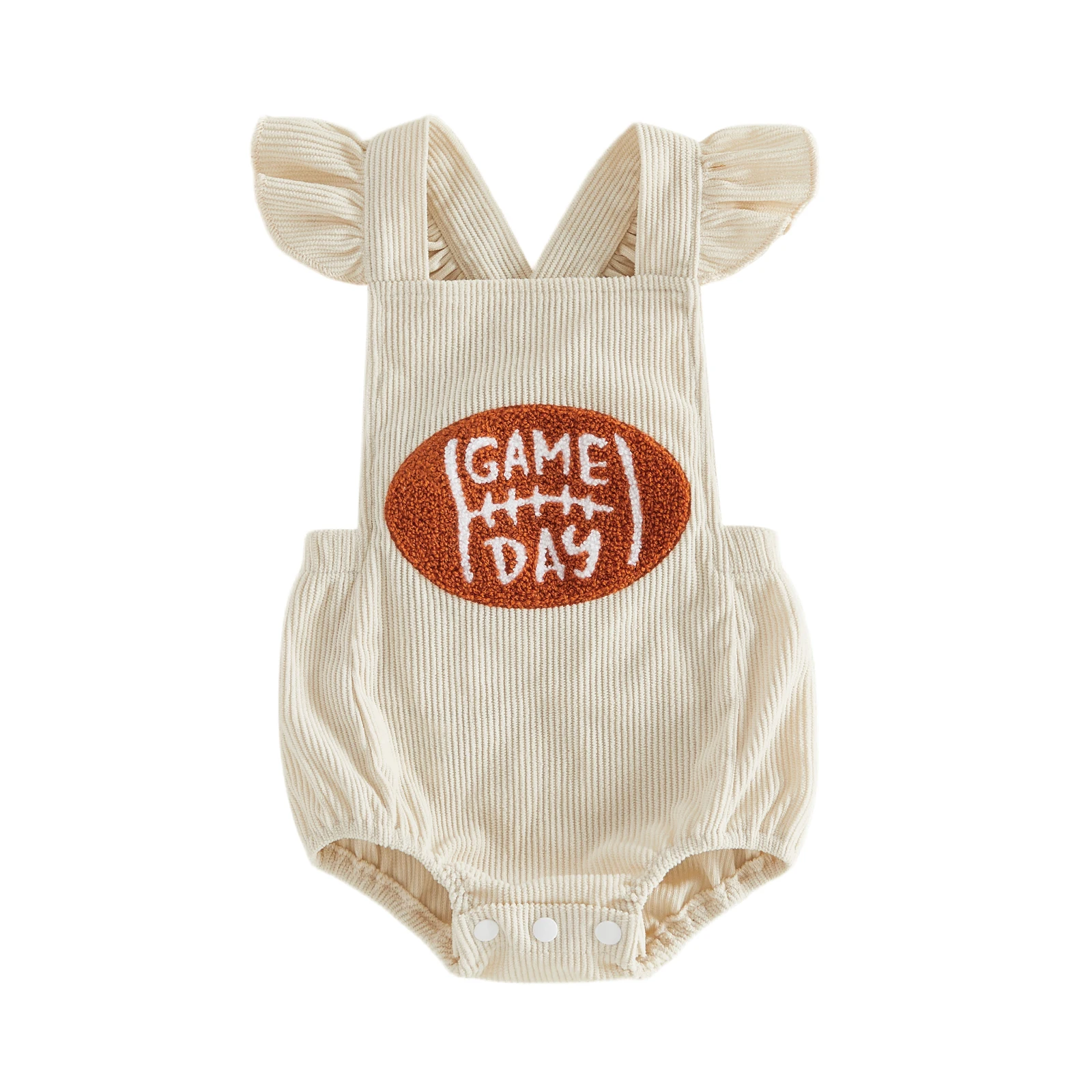 

Baby Girls Corduroy Jumpsuit Football Embroidery Flying Sleeve Bubble Romper for Fall Winter