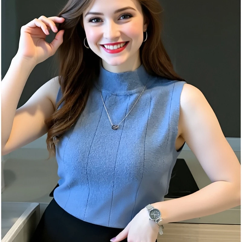 

Летние элегантные офисные женские трикотажные корейские модные топы, новые женские топы, повседневная одежда, однотонная женская блузка без рукавов 8623 50