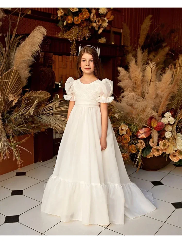 

Flower Girl Dress for Wedding O-neck Floor Length Short Sleeve Puffy Kid First Communion Pageant Birthday Ball Gown