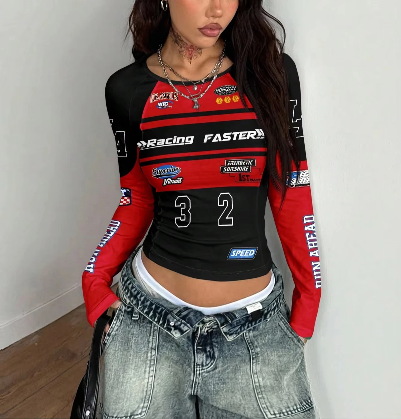 Black Red Racing Motorcycle Graphic Print Raglan Sleeve T-Shirt Streetwear City Break Numeric Number Letter Top FamilyMatching