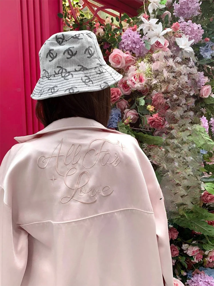 

Розовый атласный бейсбольный джемпер с вышивкой, женское свободное прямое повседневное пальто, осенний топ для ленивых, полиэстер, вискоза, застежка-молния