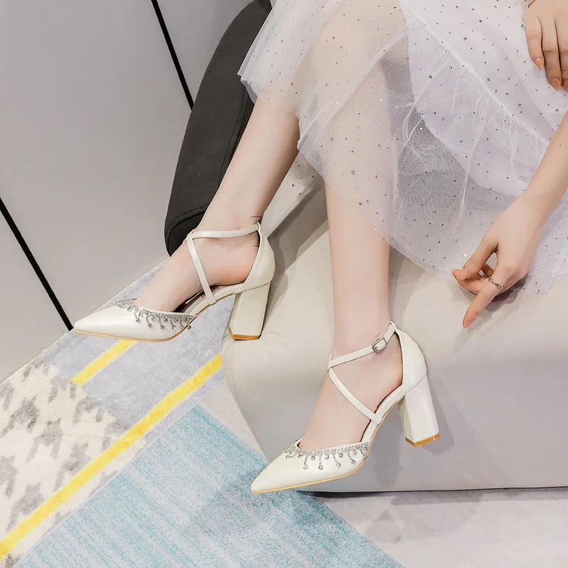 

Women White Princess High Heels Pointed Toe Chunky Heel Cross Strap Lace Up Wedding Shoes Hollow Out Design Large Size