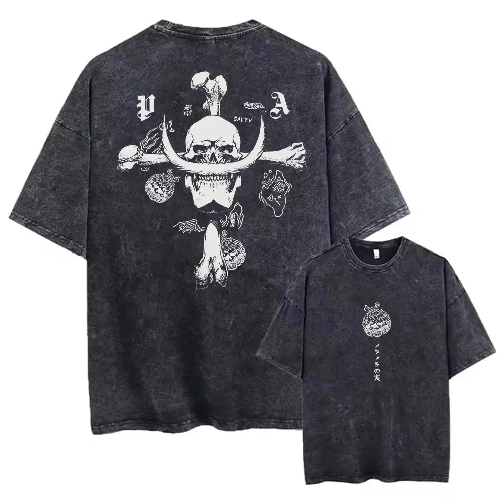 Camiseta lavada de Anime de gran tamaño Unisex para hombre, ropa de calle de una pieza para mujer, camiseta gráfica de manga corta, Top informal Harajuku de verano HipHop