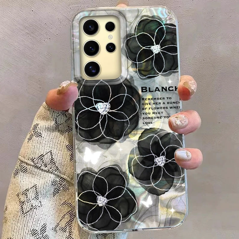 Funda de teléfono con flores rosas moradas y negras de mármol para Samsung Galaxy S21 S22 S23 S24 S25 Plus FE Ultra Cover con estampado colorido para niñas