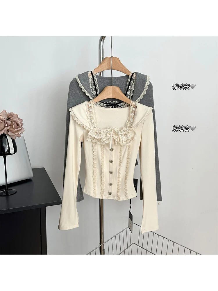 Autumn Women French Vintage Aesthetic Long Sleeve T-Shirts Mori Girl Lace Coquette Square Collar Crop Tops Maillard Fairy Core