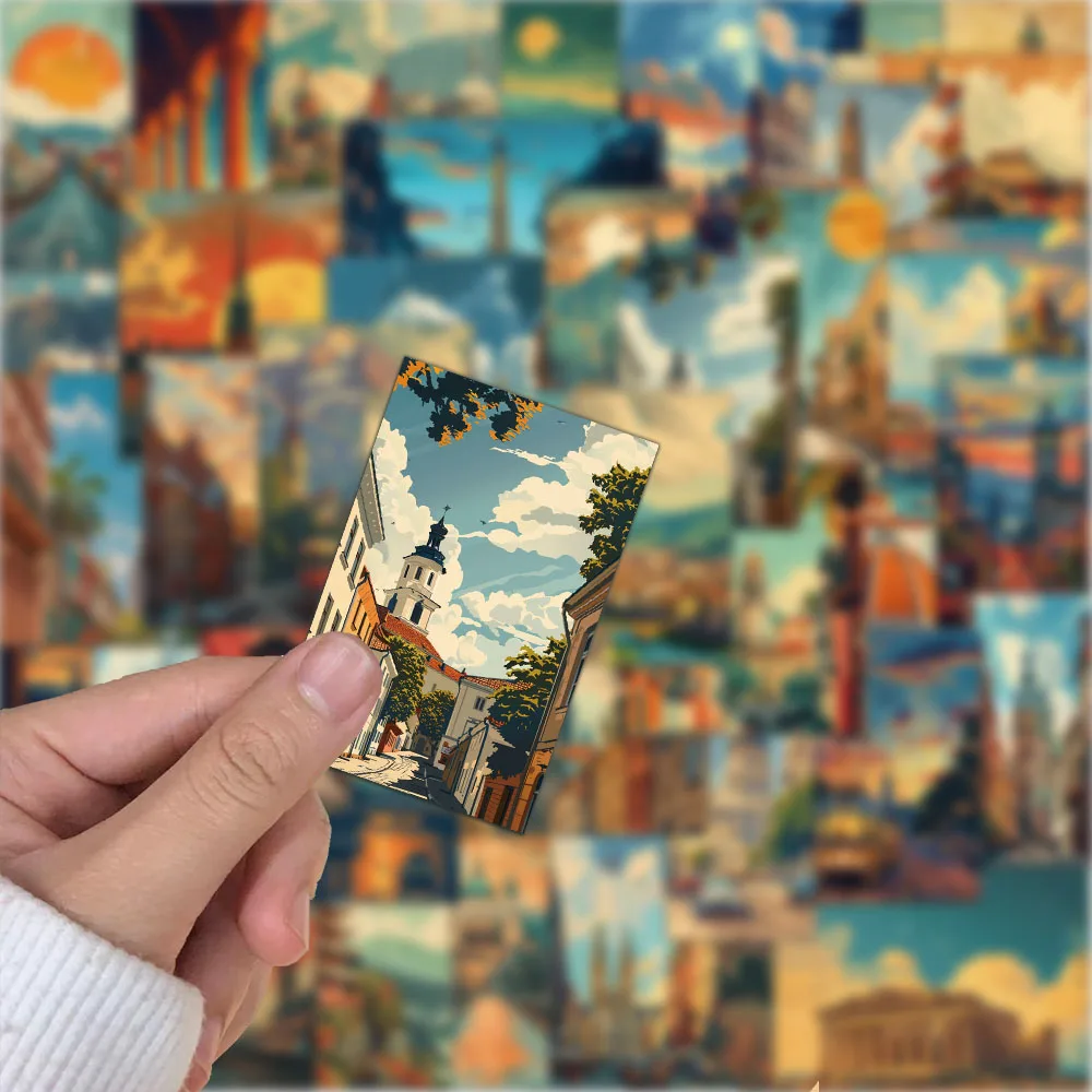 50PCS Retro Landscape Illustration Stickers Laptop Handbook Phone Case iPad Water Cup Stickers