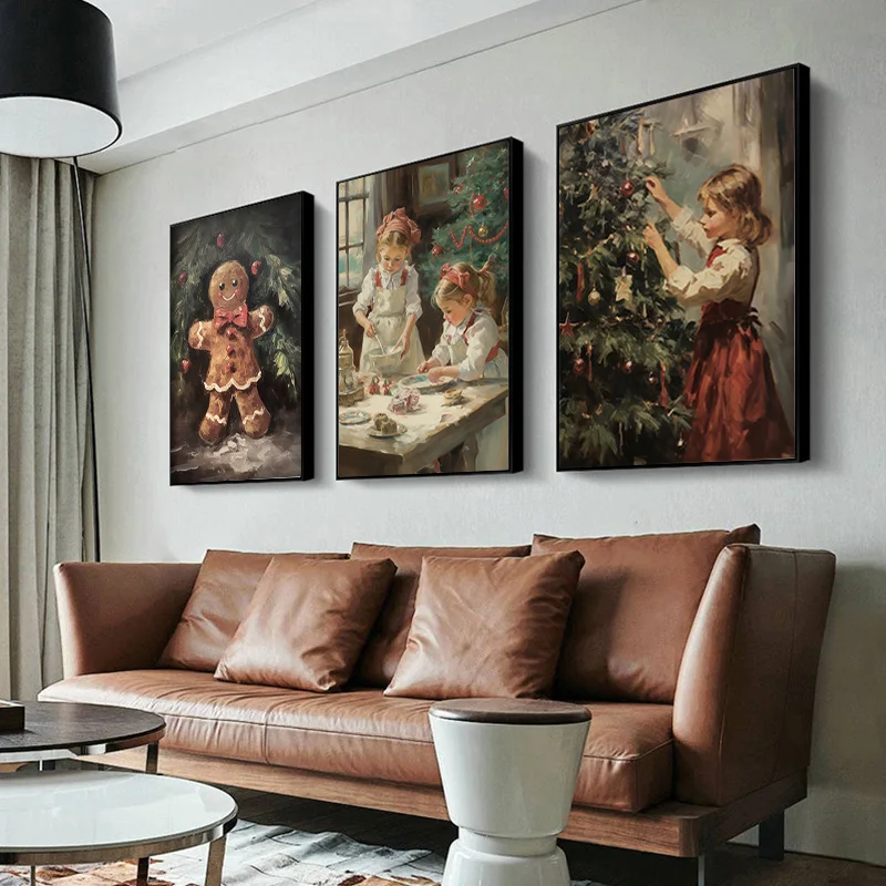 Vintage Christmas Gingerbread Man Wall Art โปสเตอร์ Nordic ฤดูหนาวฉากหิมะภาพวาดผ้าใบห้องนั่งเล่น Holiday Home Deco