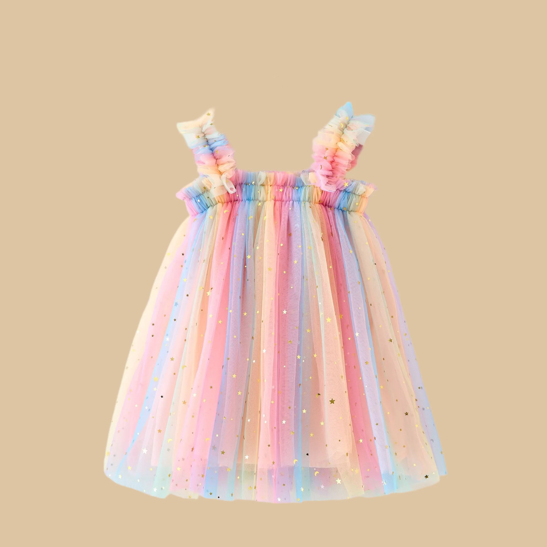 Toddler Sweet Baby Girl Dresses Fluffy Summer Rainbow Gradient Sequin Sling Girl Dress Mesh Kid Birthday Party Baby Girl Clothes