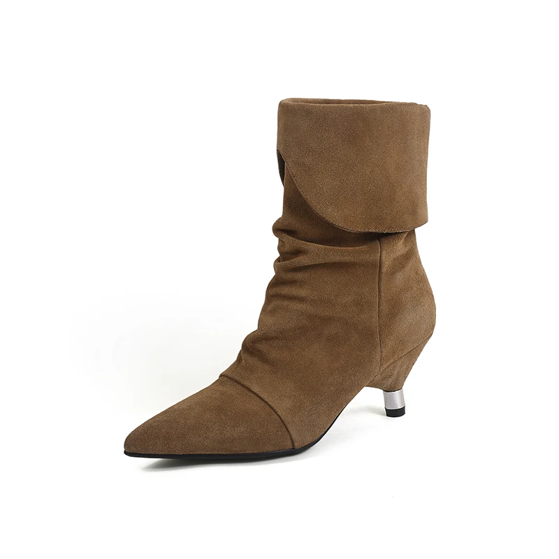 

Женские короткие сапоги, новые модные элегантные туфли на каблуке «котенок», абрикосовые ботильоны из натуральной кожи, ковбойские сапоги из коровьей замши с острым носком